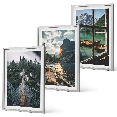 Juego de 3 cuadros con motivos de puente, bosque, lago, barcos y montañas