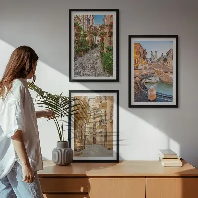 Set de 3 cuadros para salón decoración con diseño de las encantadoras calles de la fuente