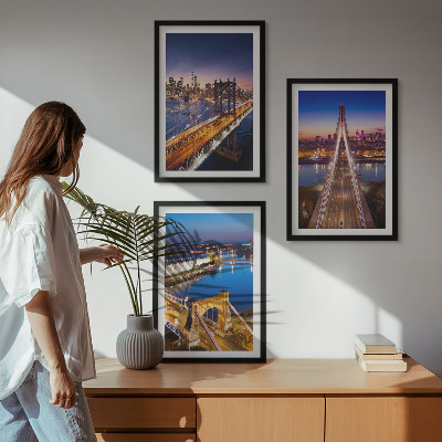 Juego de 3 cuadros Ciudades de noche, puentes, ríos
