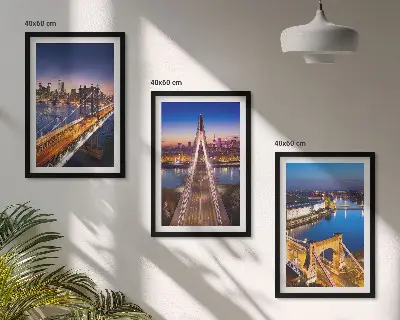 Juego de 3 cuadros ciudades de noche con puentes y ríos
