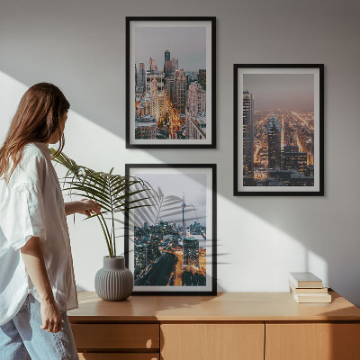 Set de 3 cuadros para salón Ciudades de noche, rascacielos iluminados