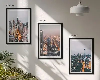 Set de 3 cuadros para salón diseño de ciudades de noche con rascacielos iluminados