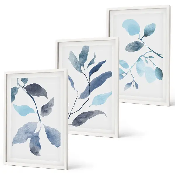 Set de 3 cuadros de acuarela de hojas azules para salón