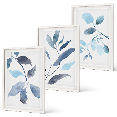 Set de 3 cuadros para salón Acuarela de hojas azules