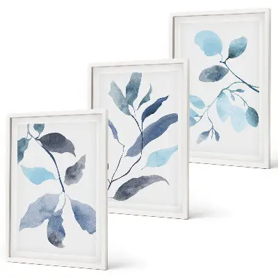 Set de 3 cuadros de acuarela de hojas azules para salón