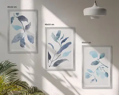 Set de 3 cuadros de acuarela de hojas azules para salón
