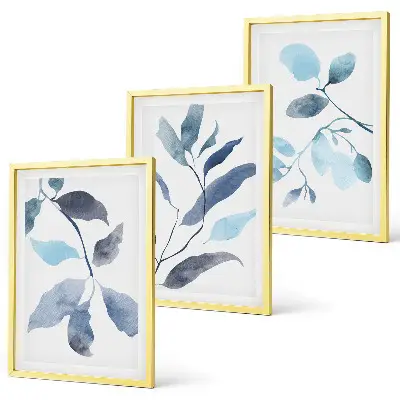 Set de 3 cuadros de acuarela de hojas azules para salón