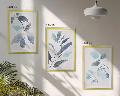 Set de 3 cuadros de acuarela de hojas azules para salón