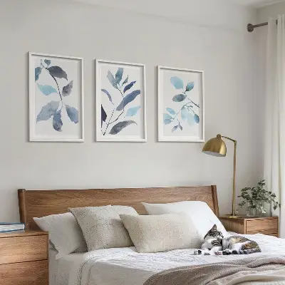Set de 3 cuadros de acuarela de hojas azules para salón