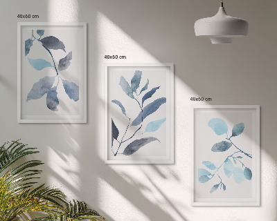 Set de 3 cuadros para salón Acuarela de hojas azules