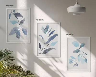 Set de 3 cuadros de acuarela de hojas azules para salón