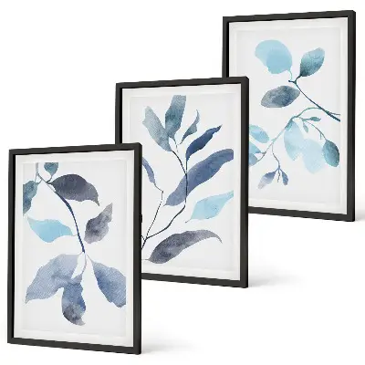 Set de 3 cuadros de acuarela de hojas azules para salón