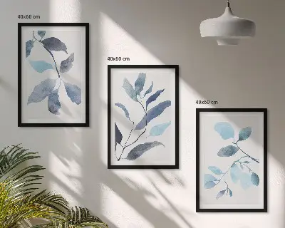 Set de 3 cuadros de acuarela de hojas azules para salón