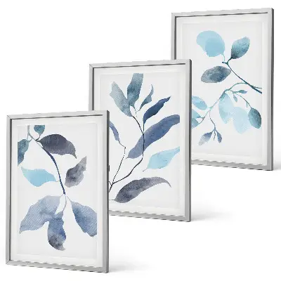 Set de 3 cuadros de acuarela de hojas azules para salón