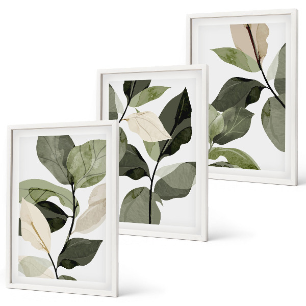 Set de 3 cuadros para salón hojas de plantas bohemias pintadas