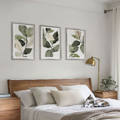 Set de 3 cuadros para salón hojas de plantas bohemias pintadas