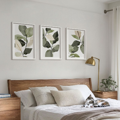 Set de 3 cuadros para salón hojas de plantas bohemias pintadas