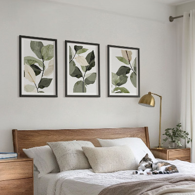 Set de 3 cuadros para salón hojas de plantas bohemias pintadas