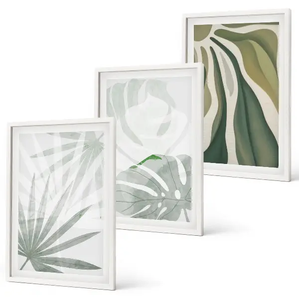 Set de 3 cuadros para salón con diseño de hojas de plantas en verde y gris