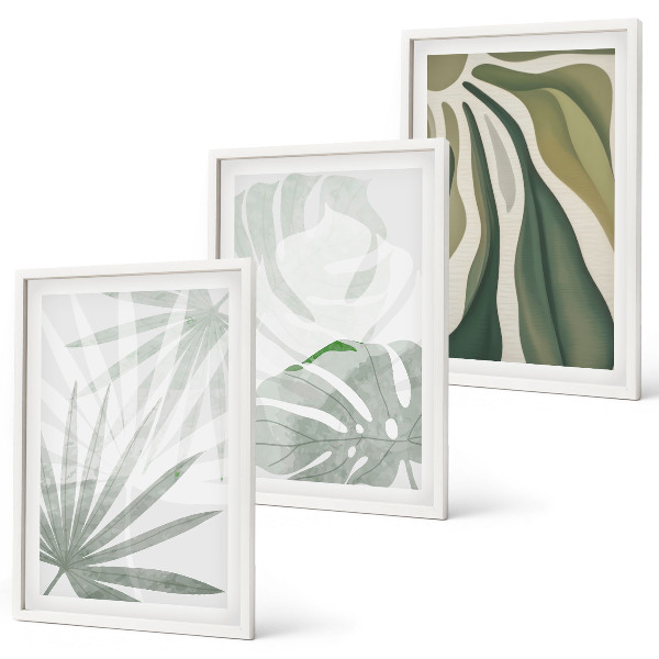 Set de 3 cuadros para salón Hojas de plantas en verde y gris.