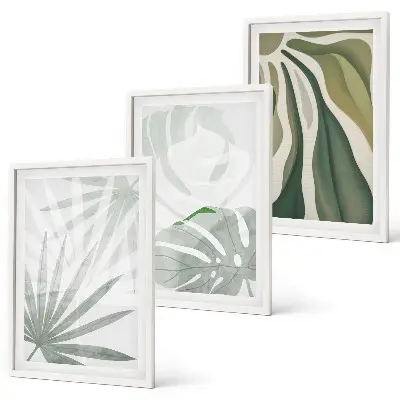 Set de 3 cuadros para salón con diseño de hojas de plantas en verde y gris
