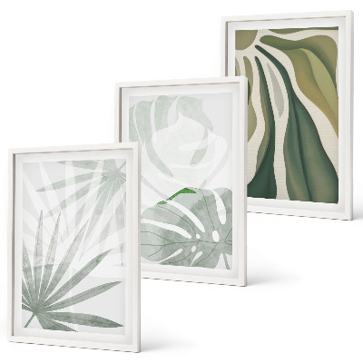 Set de 3 cuadros para salón Hojas de plantas en verde y gris.