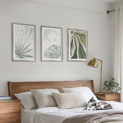 Set de 3 cuadros para salón Hojas de plantas en verde y gris.
