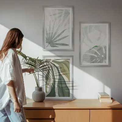 Set de 3 cuadros para salón con diseño de hojas de plantas en verde y gris
