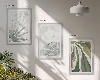 Set de 3 cuadros para salón con diseño de hojas de plantas en verde y gris
