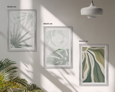 Set de 3 cuadros para salón Hojas de plantas en verde y gris.