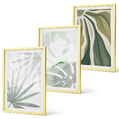 Set de 3 cuadros para salón con diseño de hojas de plantas en verde y gris