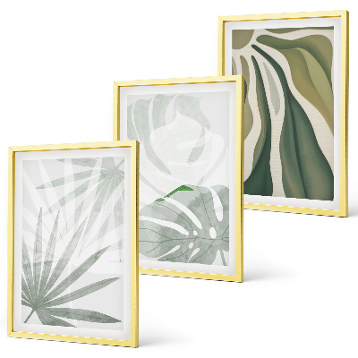 Set de 3 cuadros para salón Hojas de plantas en verde y gris.
