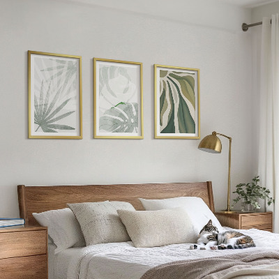 Set de 3 cuadros para salón Hojas de plantas en verde y gris.