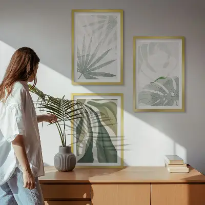 Set de 3 cuadros para salón con diseño de hojas de plantas en verde y gris