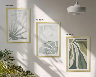 Set de 3 cuadros para salón con diseño de hojas de plantas en verde y gris