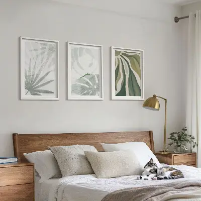 Set de 3 cuadros para salón con diseño de hojas de plantas en verde y gris