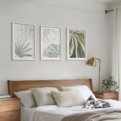 Set de 3 cuadros para salón Hojas de plantas en verde y gris.