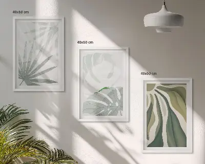 Set de 3 cuadros para salón con diseño de hojas de plantas en verde y gris