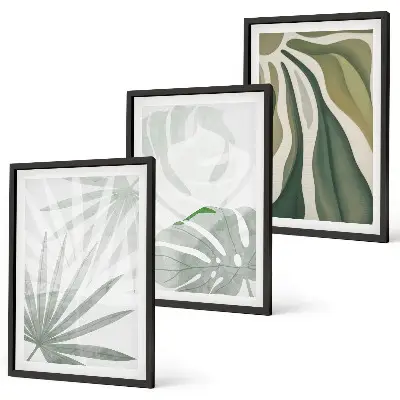 Set de 3 cuadros para salón con diseño de hojas de plantas en verde y gris