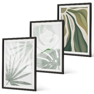 Set de 3 cuadros para salón Hojas de plantas en verde y gris.
