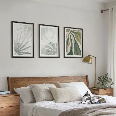 Set de 3 cuadros para salón con diseño de hojas de plantas en verde y gris
