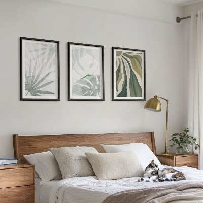 Set de 3 cuadros para salón Hojas de plantas en verde y gris.