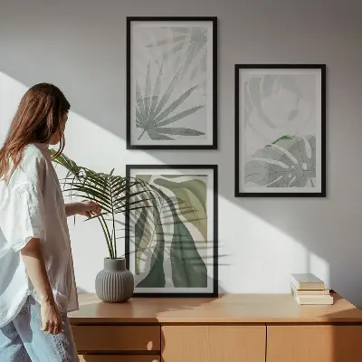 Set de 3 cuadros para salón con diseño de hojas de plantas en verde y gris