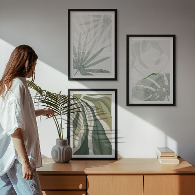 Set de 3 cuadros para salón Hojas de plantas en verde y gris.