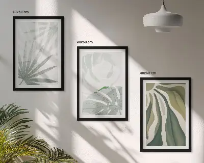 Set de 3 cuadros para salón con diseño de hojas de plantas en verde y gris