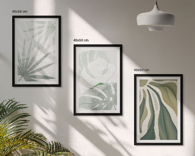 Set de 3 cuadros para salón Hojas de plantas en verde y gris.