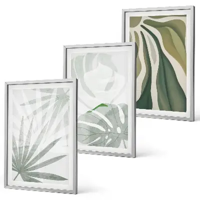 Set de 3 cuadros para salón con diseño de hojas de plantas en verde y gris