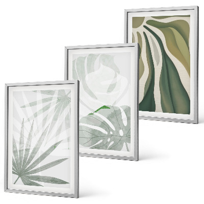 Set de 3 cuadros para salón Hojas de plantas en verde y gris.