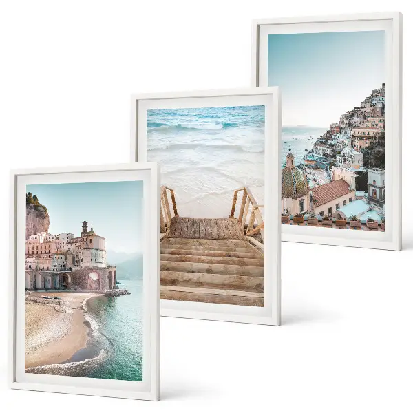 Set de 3 cuadros para salón con vistas de playa en tonos pastel de verano