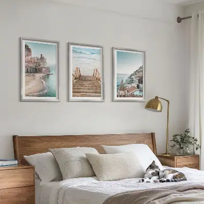 Set de 3 cuadros para salón con vistas de playa en tonos pastel de verano
